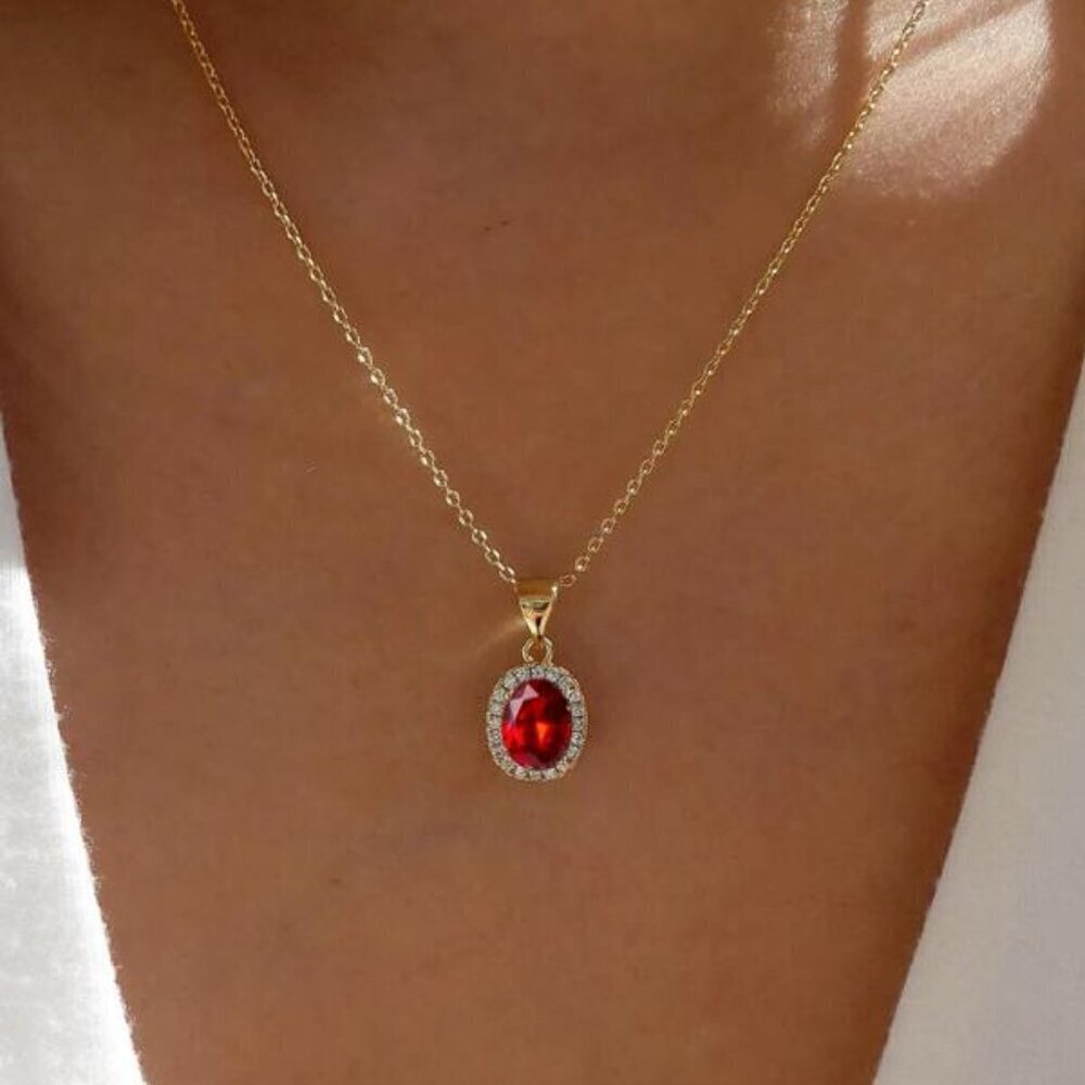 18K Gold Filled Ruby Red Oval Pendant Necklace with Halo Crystals